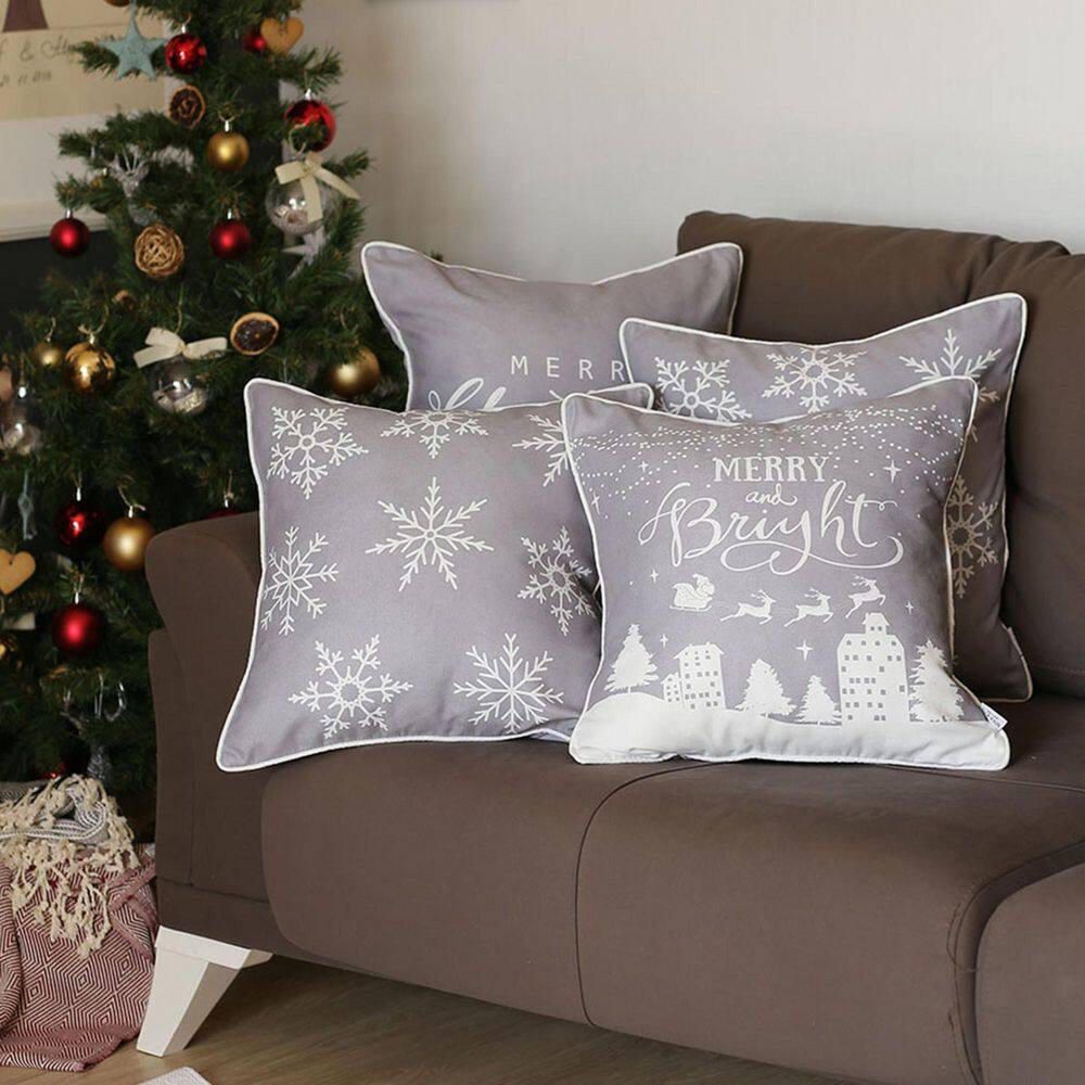 Gray and White Christmas Polyester Euro Pillow Covers Set of 4