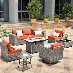 Tahoe Grey 9-Piece Wicker Patio Rectangle Fire Pit Conversation Sofa Set with a Swivel Chair and Orange Red Cushions