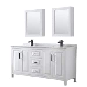 Daria 72 in. W x 22 in. D x 35.75 in. H Double Bath Vanity in White with White Carrara Marble Top and Med Cab Mirrors