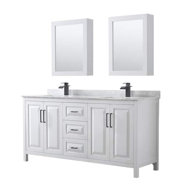 Wyndham Collection Daria 72 in. W x 22 in. D x 35.75 in. H Double Bath Vanity in White with White Carrara Marble Top and Med Cab Mirrors