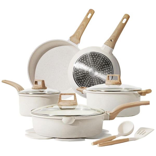 14-Pieces Cream White Aluminum Pots and Pans Set Nonstick Cookware Set Kitchen Cooking Set w/ Utensil and Pan Protectors