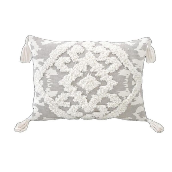 HomeRoots Gray, White Damask Polyester 13 in. x 18 in. Throw Pillow