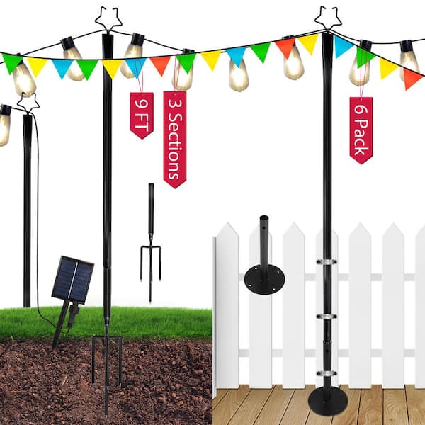 JAXPETY 8 ft. String Light Pole 25-Light Outdoor Solar Powered LED String Light Set for Garden Lawn Patio Decor (6-Pack)
