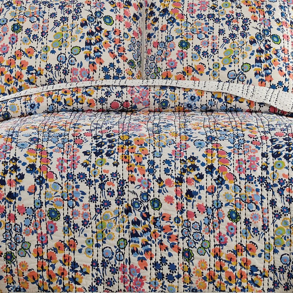 Blue Floral Cotton Twin Reversible Quilt Set