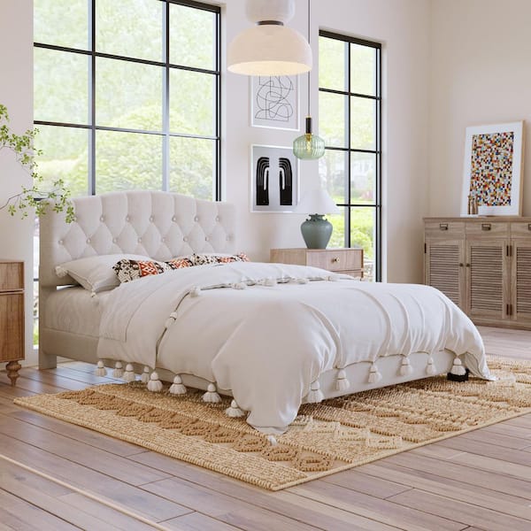 Zea Beige Wood Frame Queen Size Upholstered Platform Bed with Saddle Curved Adjustable Headboard, Diamond Tufted Details