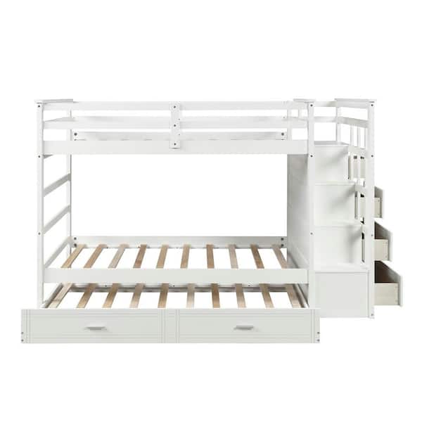 STICKON White Twin Over Twin Size Solid Wood Bunk Bed with Trundle and Staircase