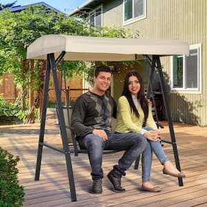 2-Person Metal Patio Swings with Canopy, Outdoor Canopy Swing with Adjustable Shade for Garden, Backyard, Beige