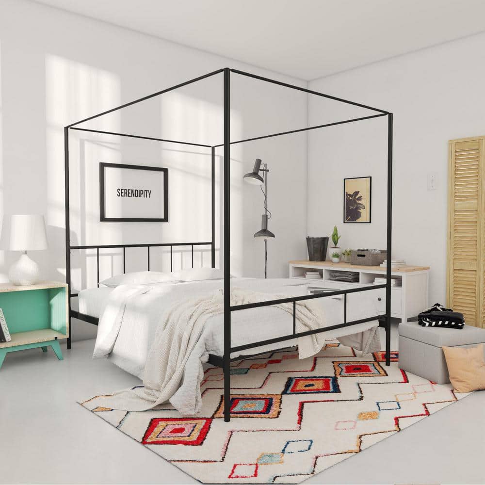 Marion Black Metal Queen Canopy Platform Bed with Headboard