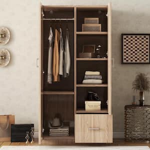 Natural Wooden 31.5 in. Wardrobe Armoire with Hanging Rod, 5 Fixed Shelves, One Storage Drawer