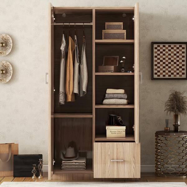 Harper & Bright Designs Natural Wooden 31.5 in. Wardrobe Armoire with Hanging Rod, 5 Fixed Shelves, One Storage Drawer