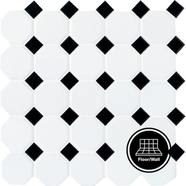 Daltile Octagon and Dot Matte White with Black Dot 12 in. x 12 in. Glazed Ceramic Mosaic Tile (1 sq. ft./each)