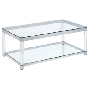 Anne 48 in. L Chrome and Clear Rectangle Glass Coffee Table with Lower Shelf