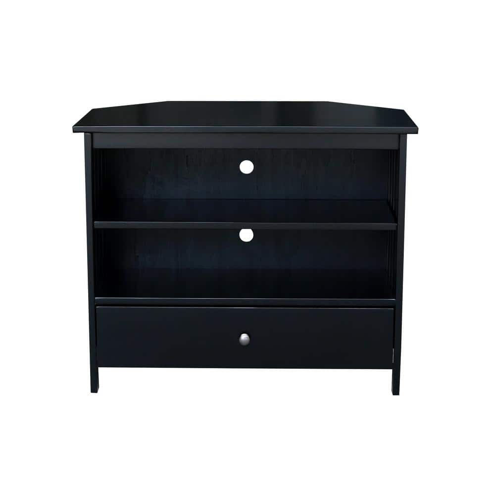 Black Solid Wood Corner TV Stand with Drawer and Shelves