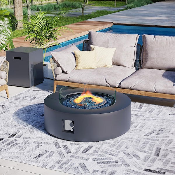 42 in. Round Iron Outdoor Dark Gray Fire Pit Table with Propane Tank Holder and Glass Wind Guard