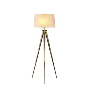 Hollywood 63 in. 2-Light Antique Satin Brass LED Tripod Floor Lamp with Dimmer