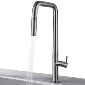 Easy-Install Single-Handle Deck Mount Squared Arc Pull-Down Sprayer Kitchen Faucet with Flexible Hose in Brushed Nickel