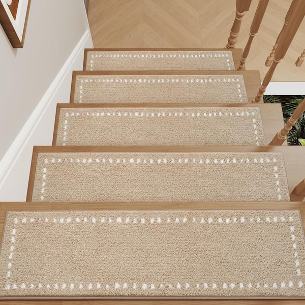 8 in. x 30 in. Beige Soft Microfiber Non-Slip Stair Tread Cover (Set of 15)
