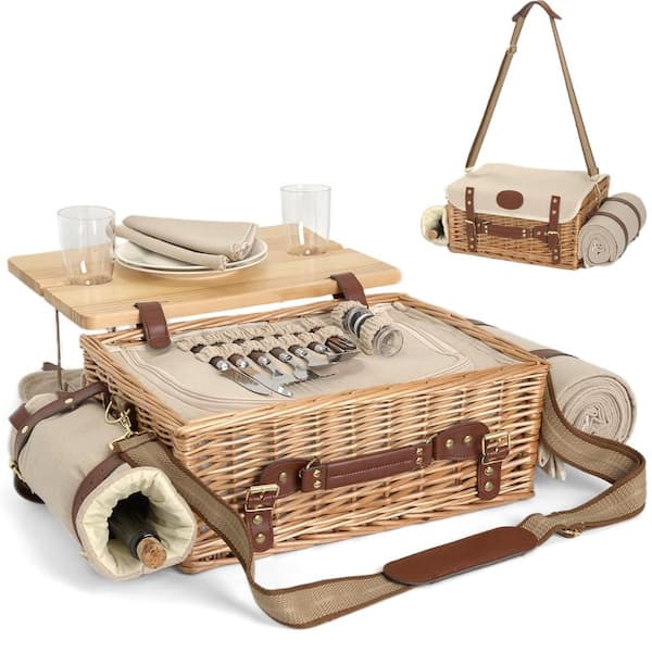 15.7 in Picnic Basket Set for 2 with Insulated Liner, Detachable Table, Blanket and Tableware, Natural