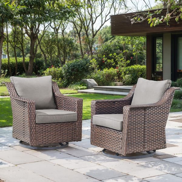 Luxurious Brown Swivel Glider Wicker Outdoor Rocking Chair with Gray Cushions and 4 In. Wide Armrest (2-Pack)