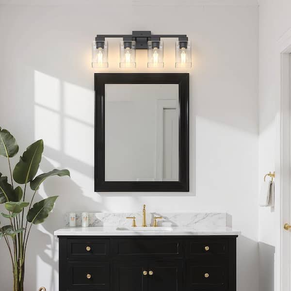 25 in. 4-Light Black Rectangle Vanity Light Bathroom Fixture with Clear Glass Shade for Bathroom Mirror or Dressing
