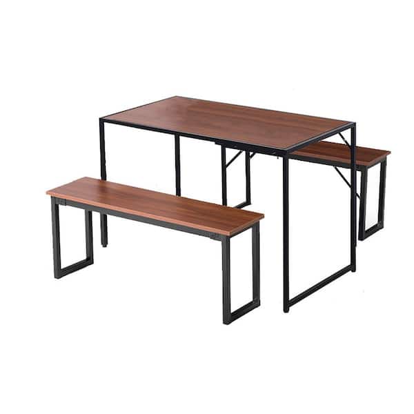 Dinaza 3-Piece RetangularWood Grain Wood Top Dining Table Set Kitchen Table with 2 Benches for 4 Persons