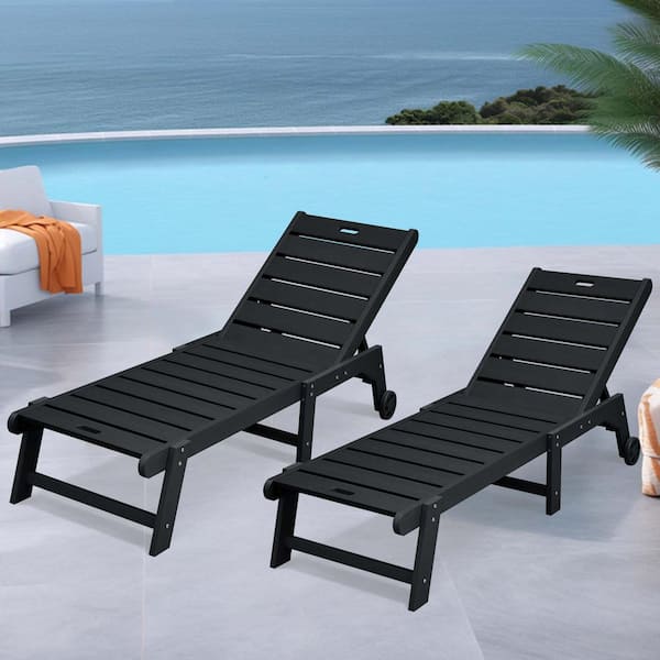 DEXTRUS Patio Outdoor Plastic HIPS Chaise Lounge Chair with Wheel for All Weather