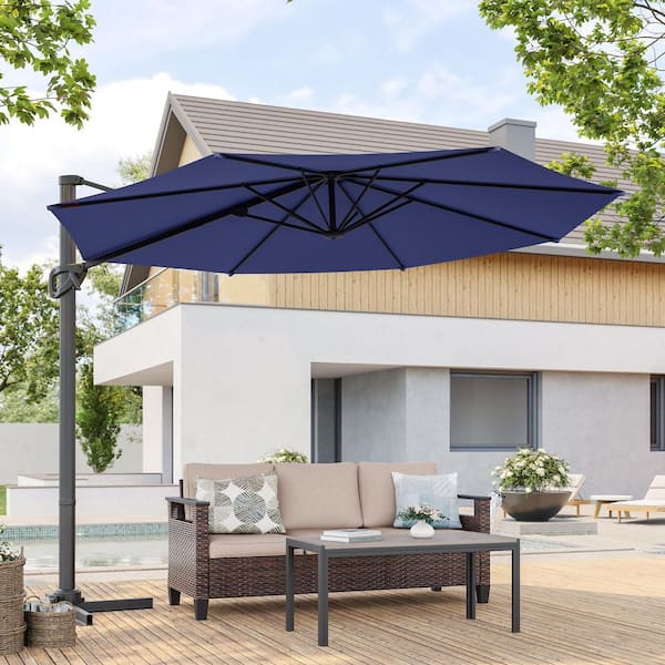 10 ft. Round 360-Degree Rotation Cantilever Offset Outdoor Patio Umbrella in Navy Blue