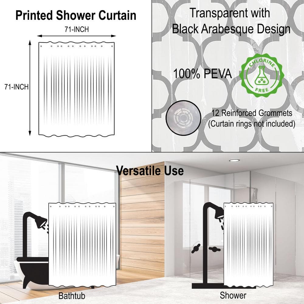 Transparent PEVA Shower Curtain with Black Arabesque Design, 71x71 Inches