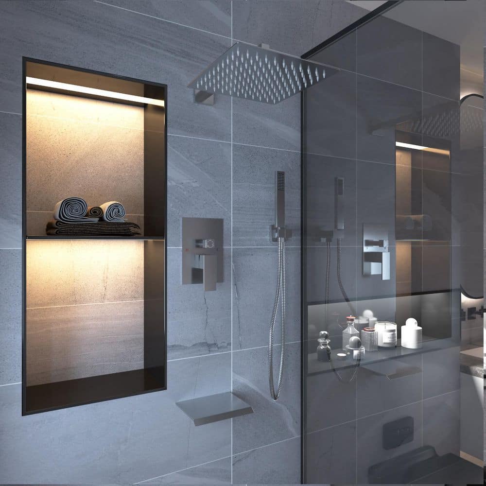 Brushed Nickel 12-Inch Square Rain Shower System with Handheld and Tub Spout