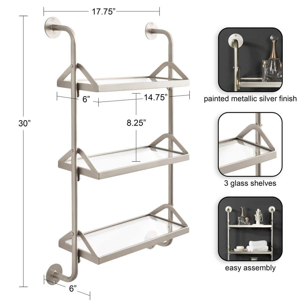 Silver Metal Three-Tier Floating Wall Shelf with Glass