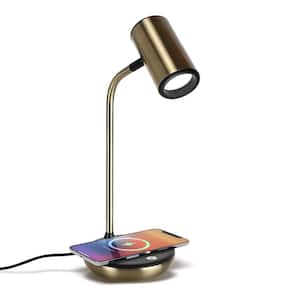 Ezra 16.5 in. Antique Brass Dimmable LED Industrial Desk Lamp with Wireless Charging Pad and Adjustable Lamp Head