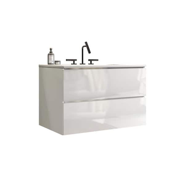 30 in. W Single Sink Floating Glossy White Bath Vanity with White Ceramic Top