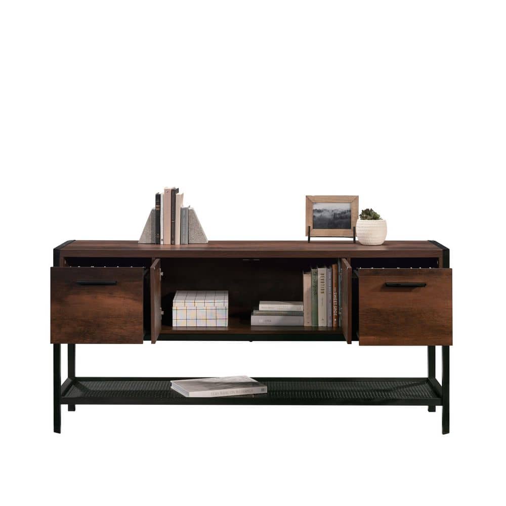 Barrel Oak and Black Metal 2-Drawer Office Credenza