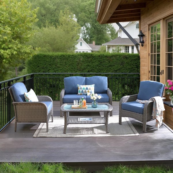 Tampa Gray 4-Piece Wicker Modern Outdoor Patio Conversation Sofa Loveseat Seating Set with Denim Blue Cushions
