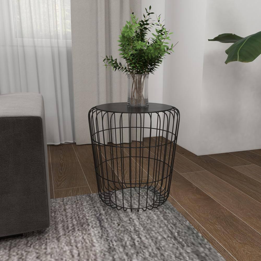 Black Round Metal Industrial Accent Table