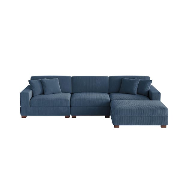 118 in. W Modern Square Arm 4-Piece Corduroy Fabric L-Shaped Sectional Sofa in Navy Blue