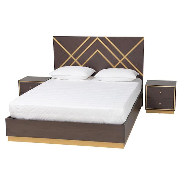 Baxton Studio Arcelia 3Piece Dark Brown and Gold Queen Bedroom Set