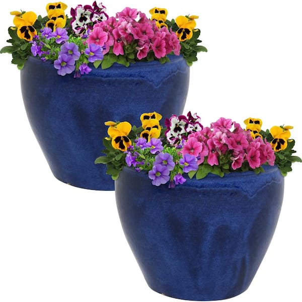 Sunnydaze Chalet Indoor/Outdoor Planter - 12 in. - Imperial Blue - Ceramic - Set of 2