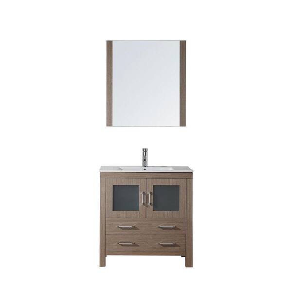 Virtu USA Dior 32 in. W x 18.3 in. D x 33.43 in. H Dark Oak Vanity with Ceramic Vanity Top with White Square Basin and Mirror