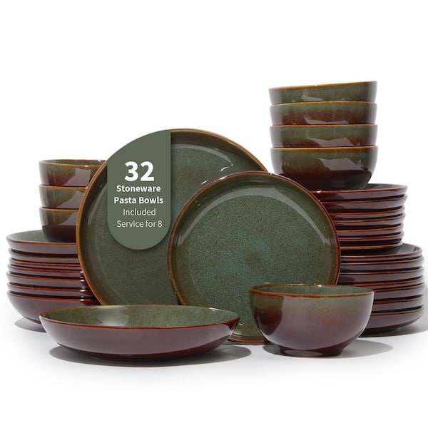 32-Piece Brown Green Double Bowl Dinnerware Sets, Natural Earthyware Ceramic Dishware Sets, Service for 8
