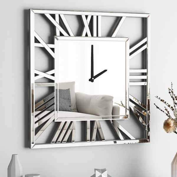 THKSHOUZ Modern Silver Analog Mirrored Frame Decorative Wall Clock