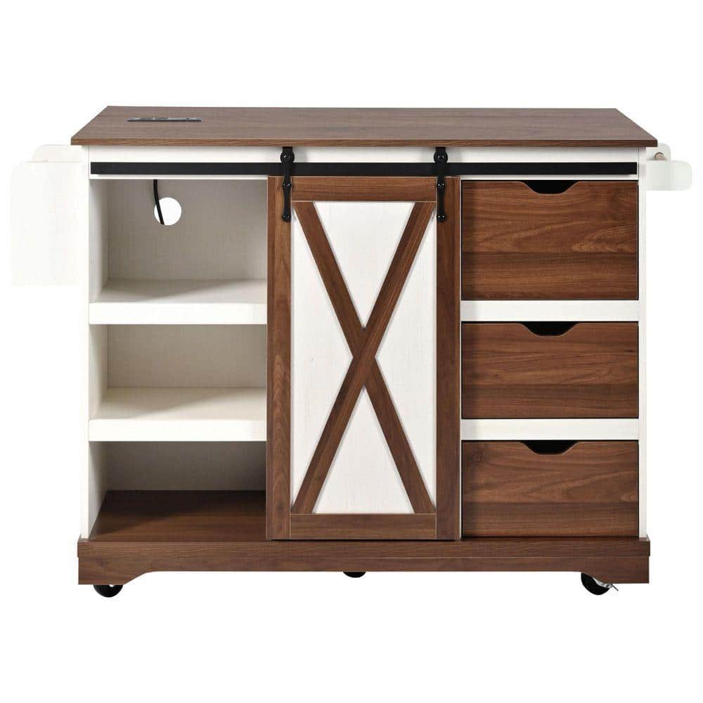 White Brown Wood 55.5 in. Kitchen Island with Barn Door, Power Outlet for Home, Kitchen, Dining Room