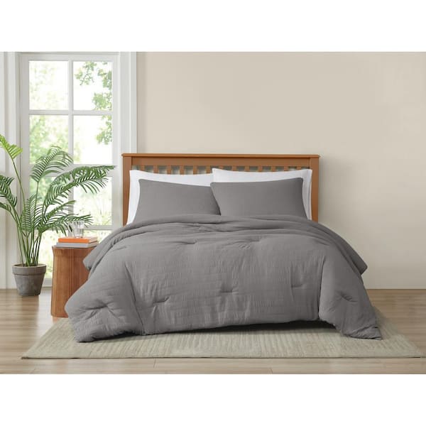 Truly Soft Crinkle Garment Wash Microfiber Grey King 3-Piece Comforter Set