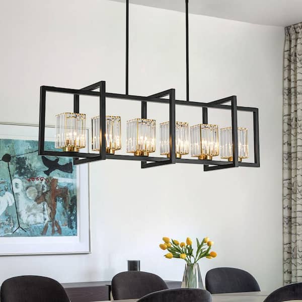 EDISLIVE Ferrill 6-Light Modern Kitchen Island Light Black and Gold Industrial Linear Chandelier with Crystal Shades