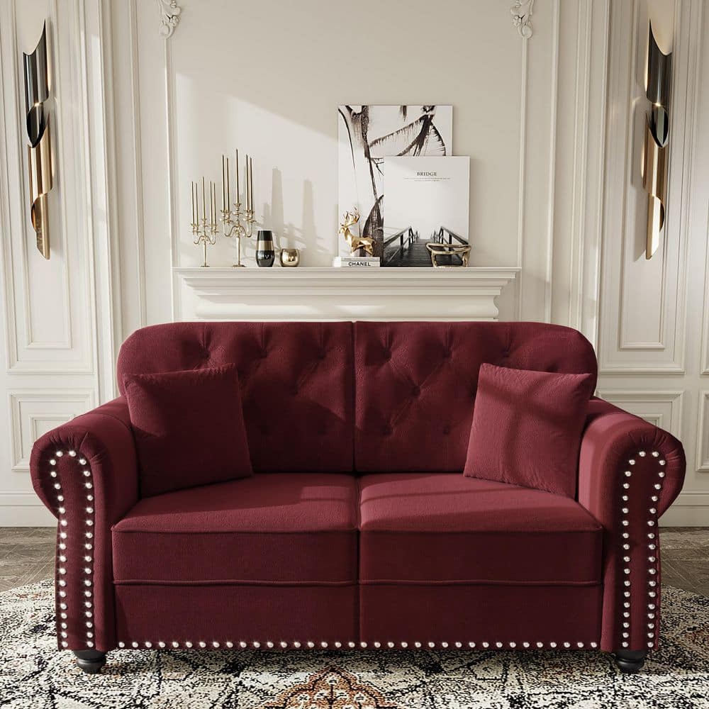 63 in. Rolled Arm Velvet Sofa in Burgundy with Nailhead Trim,Rolled Armrests,2 Ottomans and 2 Pillows price history on PriceWatchPro