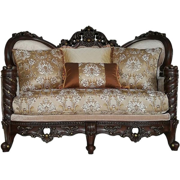 Benjara 38 in. Beige and Brown Solid Fabric 2-Seater Loveseat with Wingback And Four Pillows
