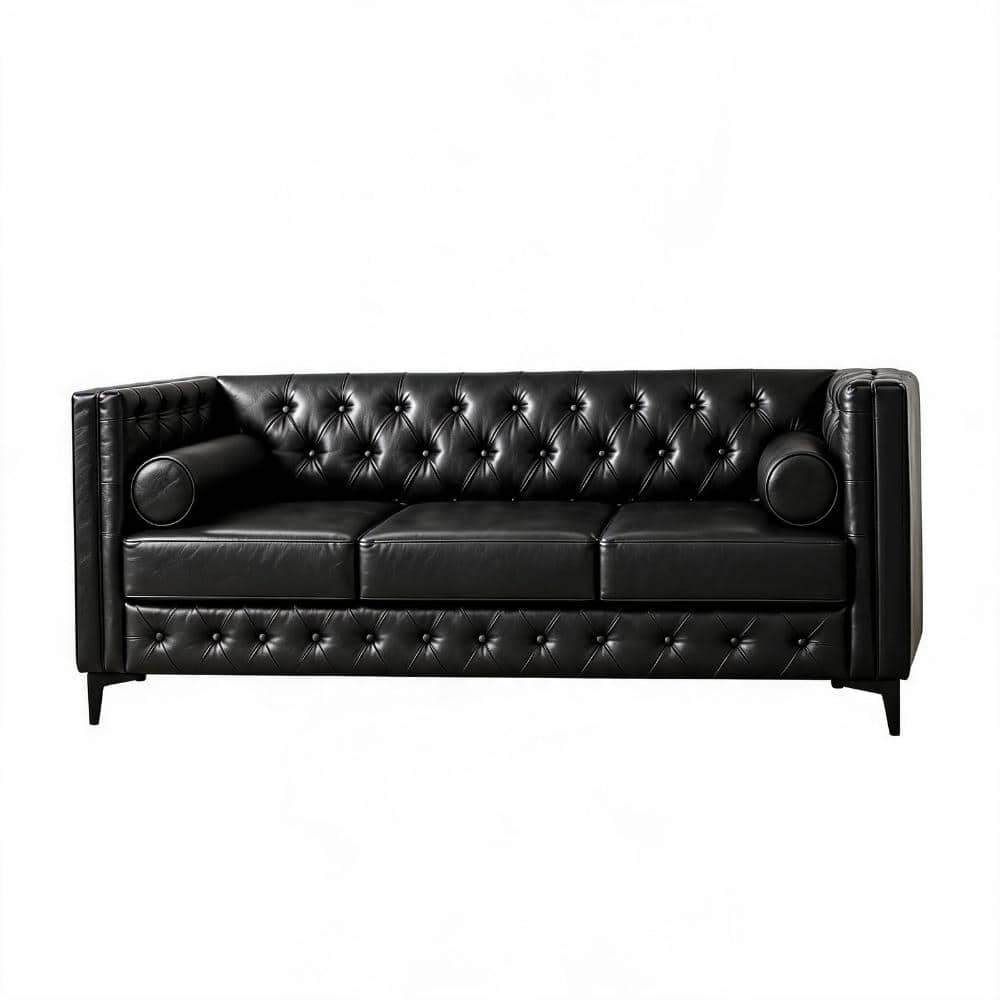Mid-Century Modern 78.5 in. Wide Flared Arm Faux Leather Button Tufted 3-Seater Sofa with Metal Legs and Bolster price history on PriceWatchPro