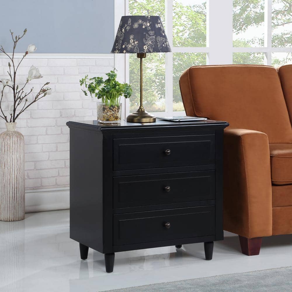 Modern Black 3-Drawer Solid Wood Nightstand with Nickel Knobs