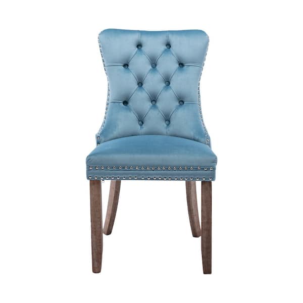 Unbranded Light Blue Tufted Solid Wood Contemporary Velvet Upholstered Dining Chairs (Set of 2)