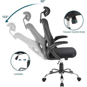 Fabric Office Chair High Back Ergonomic Adjustable Headrest Armrest Mesh Lumbar Support Task Chair in Black with Arms